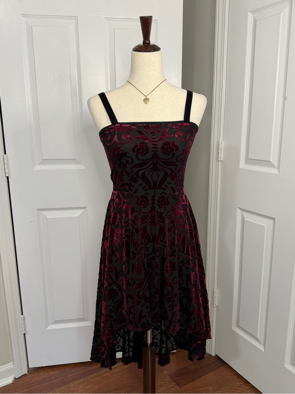 Aqua Black and Burgundy Velvet Burnout Fit & Flare Prom Dress